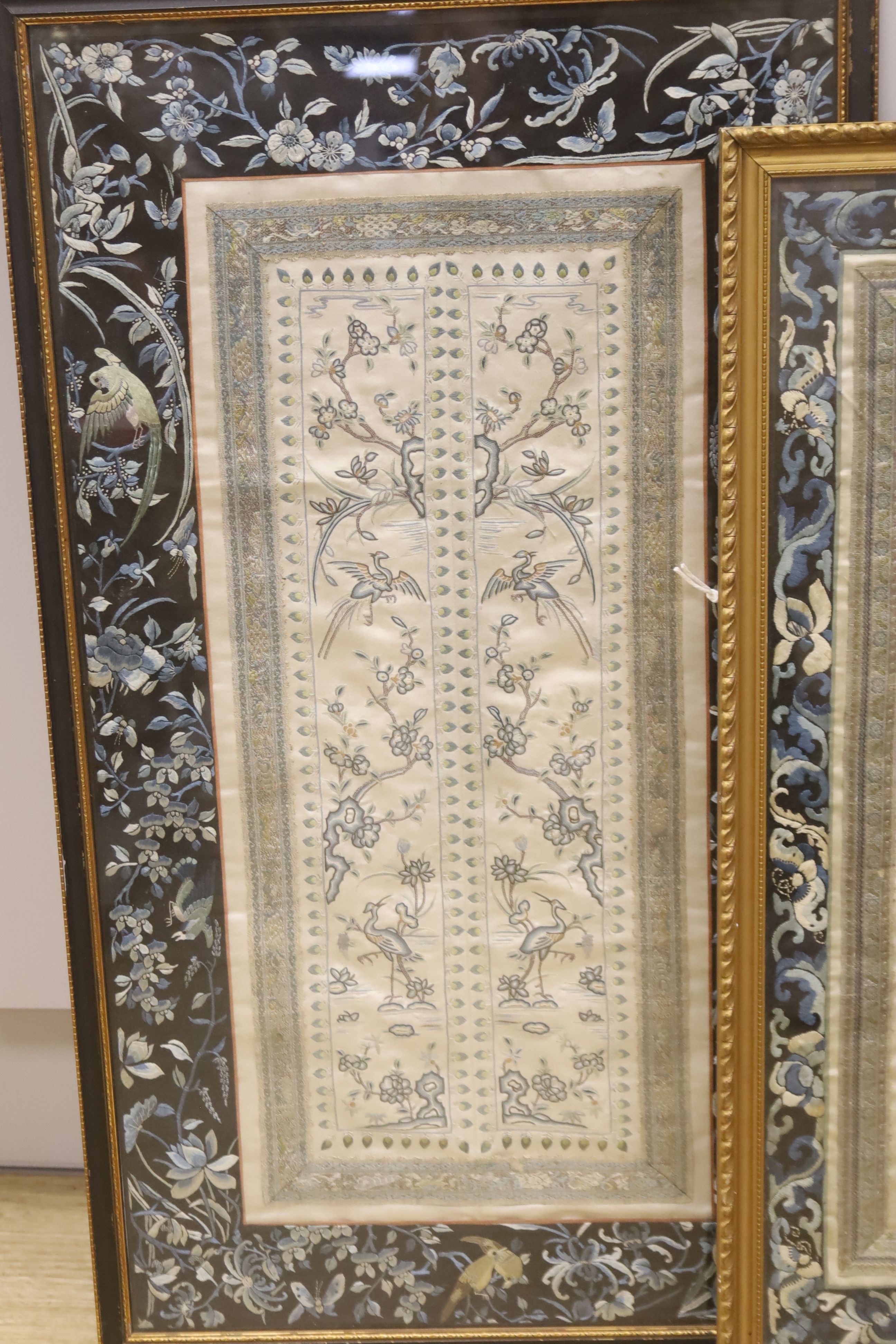 Two framed Chinese late Qing embroidered silk panels 71 x 39cm & 62 x 32cm